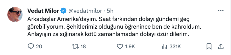 vedat milor dan sehit paylasimi yapmamasi ile ilgili gelen elestirilere yanit amerikadayim